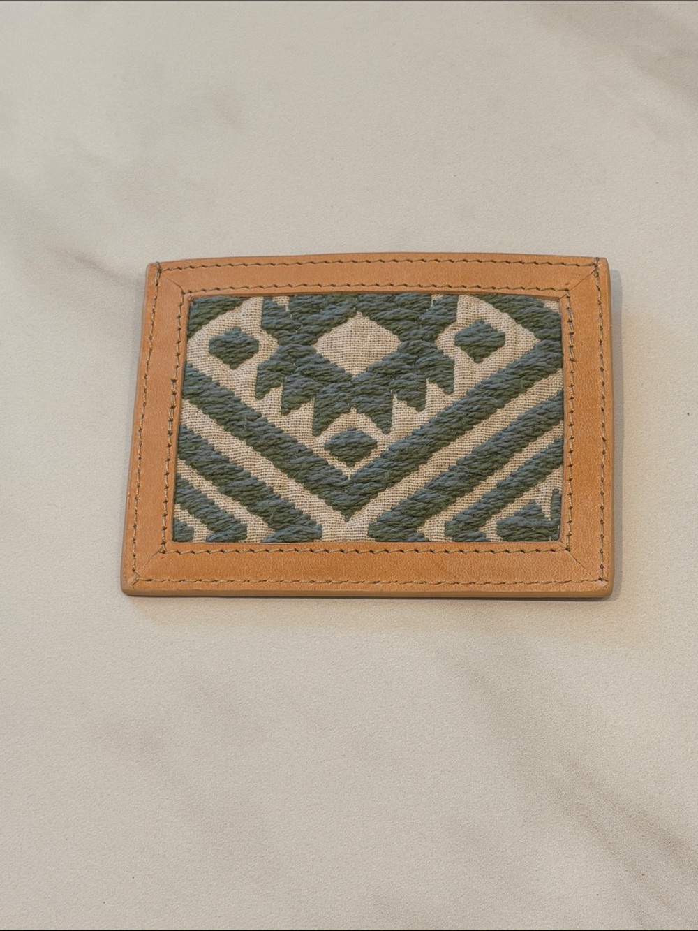 Pendleton Tan Leather Card Holder with green Geometric Weave